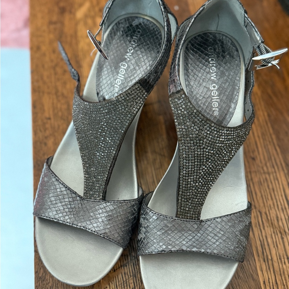 Andrew Geller Shimmering Silver Snakeprint Sandals